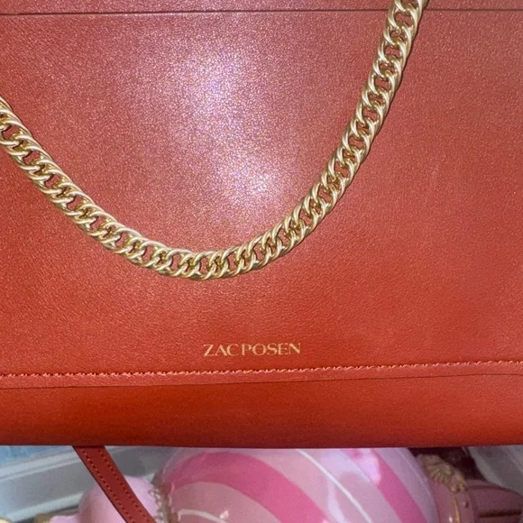 ZAC POSEN Leather Crossbody Bag Brown Gold Chain Strap Chic Small Purse - Picture 3 of 7